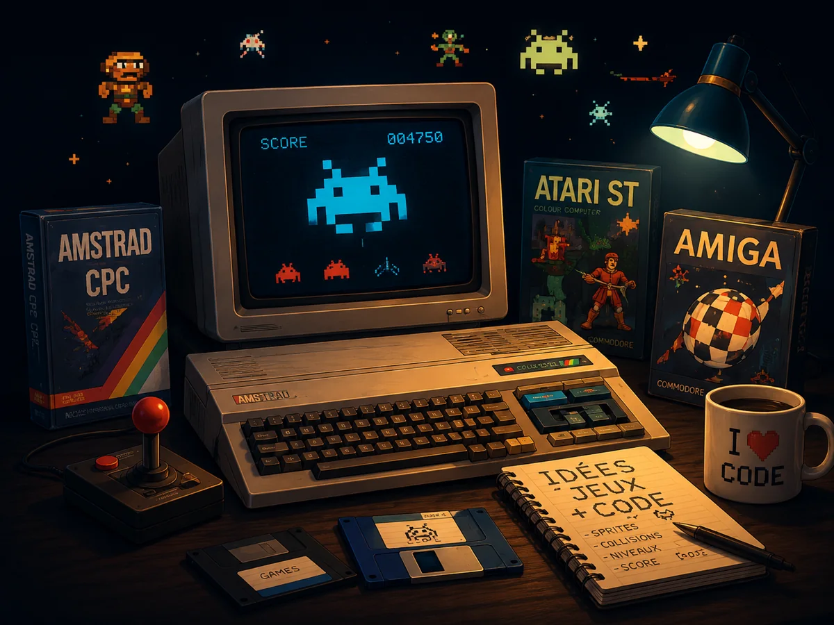 Micro-ordinateurs Amstrad CPC, Atari ST et Amiga évoquant les racines familiales de Charly Biscay dans le jeu vidéo