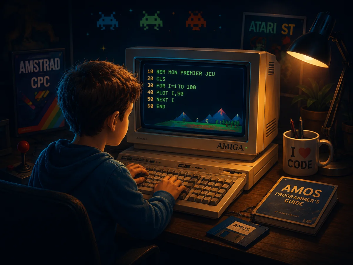Enfant programmant en BASIC devant un ordinateur Amiga
