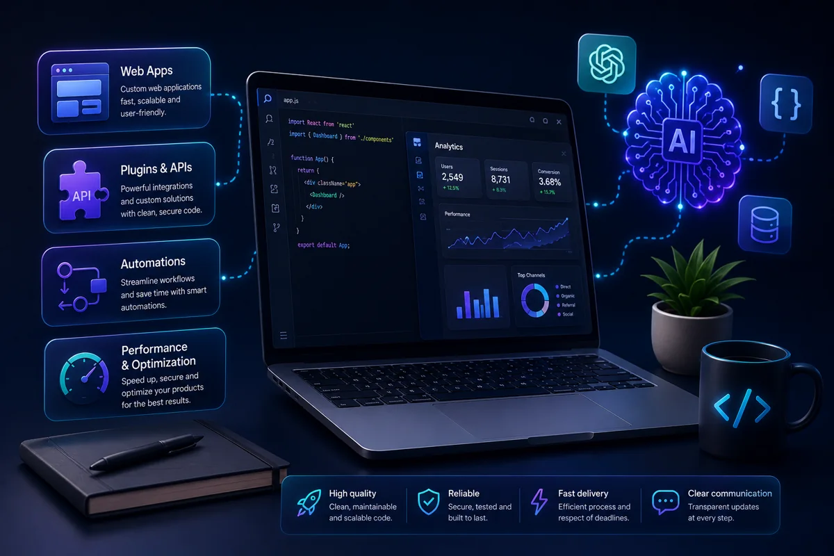 Environnement de développement illustrant les missions web, API et automatisation IA proposées sur Fiverr Pro